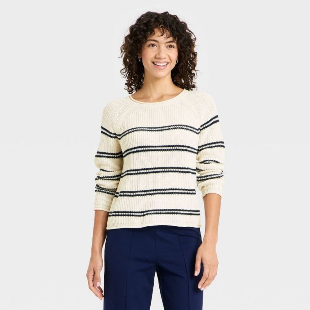 Women's Knit Pullover Sweater - A New Day Cream/Navy Striped M